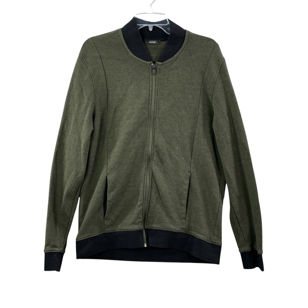 Alfani Sweater Jacket Men Large Green Knit Mock Neck Cotton Lightweight Full Zip
